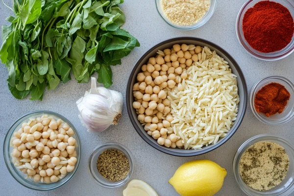 Ingredients for Chickpea Stew with Orzo and Mustard Greens, including chickpeas, orzo, mustard greens, garlic, spices, and lemon, displayed on a kitchen counter.