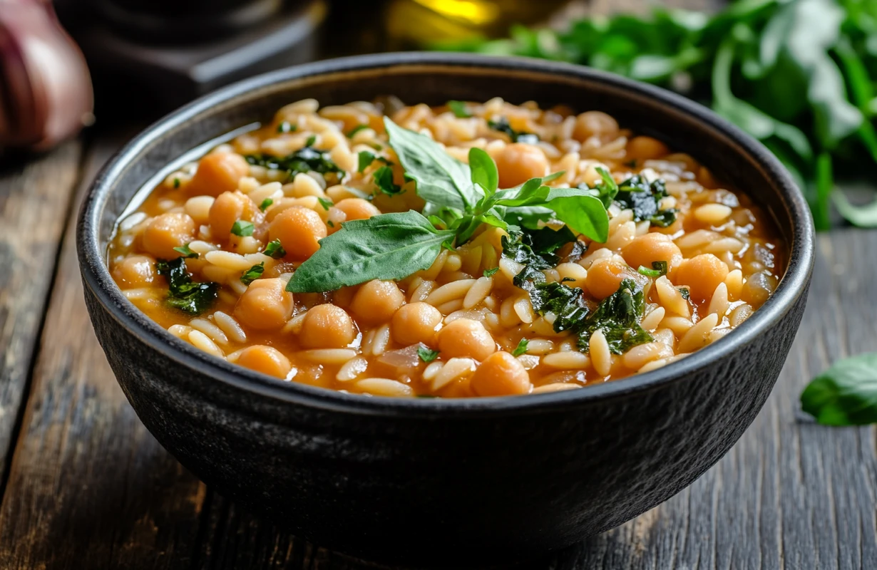 A bowl of Chickpea Stew with Orzo and Mustard Greens topped with fresh basil, showcasing chickpeas, orzo, and leafy greens in a savory broth.