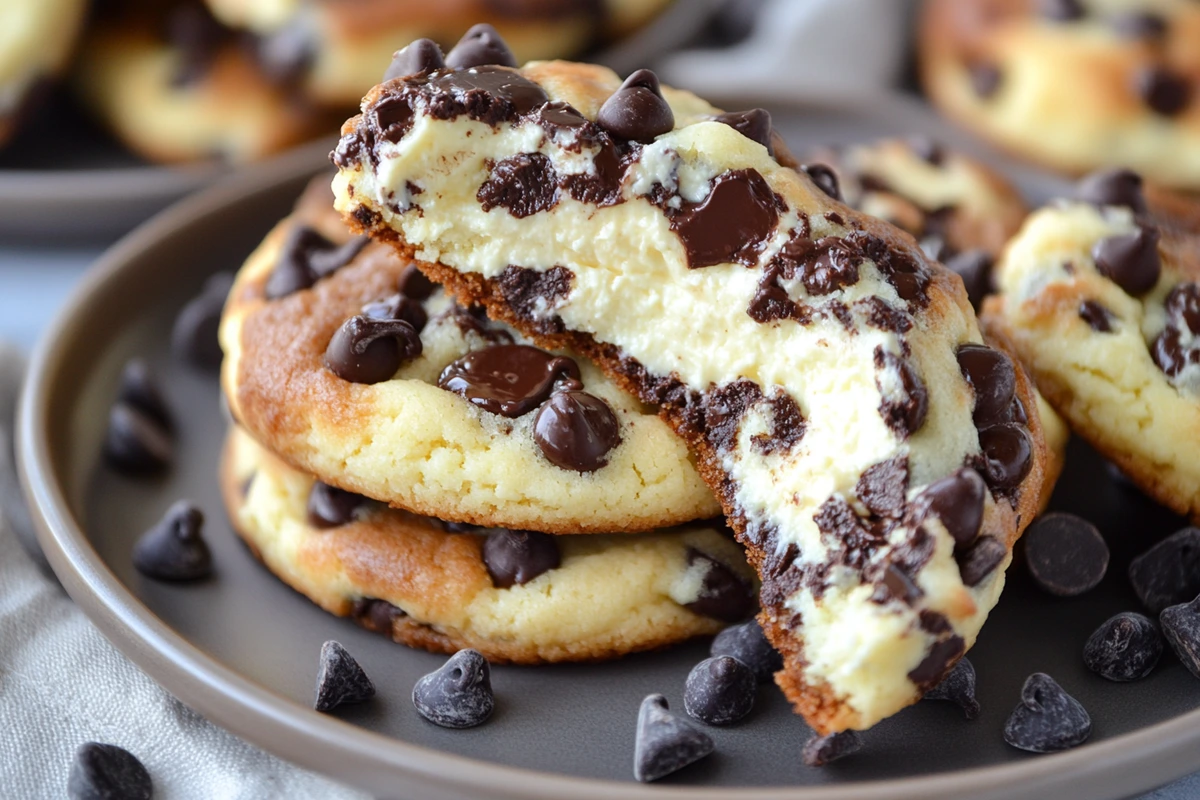 A close-up of chocolate chip cheesecake cookies showing a creamy cheesecake center with melted chocolate chips.