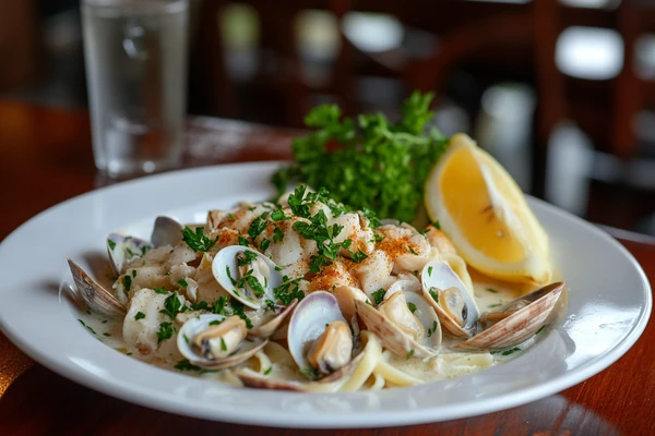 A plate of linguine with clams served in a creamy garlic sauce, garnished with fresh parsley and a lemon wedge.