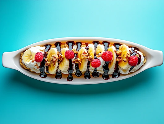 Classic banana split in a white dish with banana slices, ice cream, chocolate syrup, raspberries, and whipped cream.