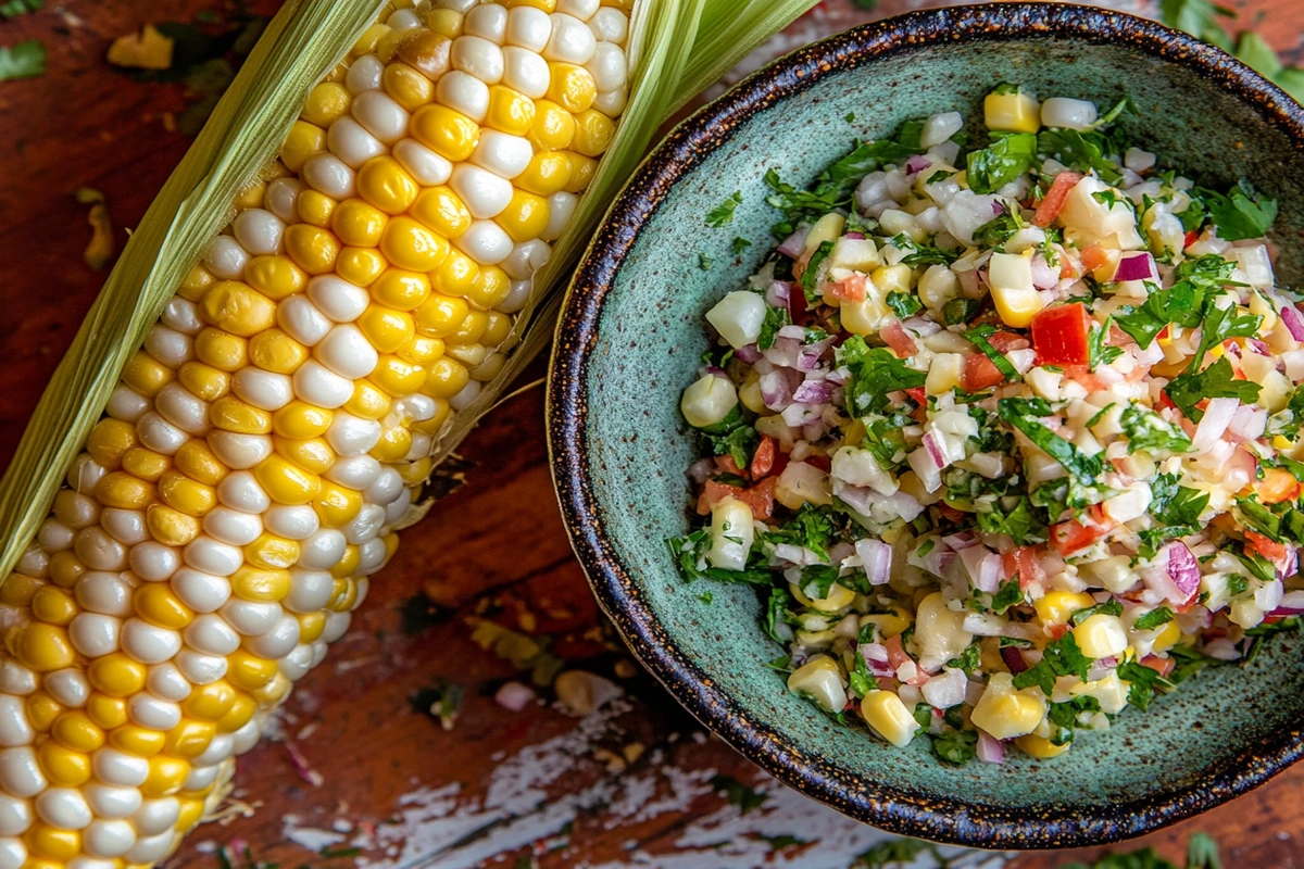 Close-up of a colorful corn salad in a bowl next to a cob of corn with white and yellow kernels on a rustic wooden surface