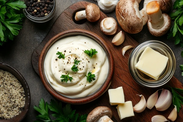 A wooden board displaying ingredients for creamy mushroom sauce, including butter, mushrooms, garlic, parsley, and cream garnished with pepper