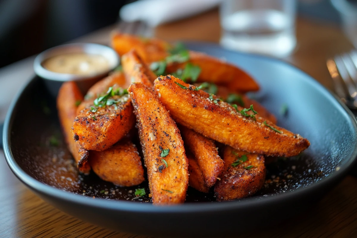 Crispy baked sweet potato fries made after soaking sweet potatoes.