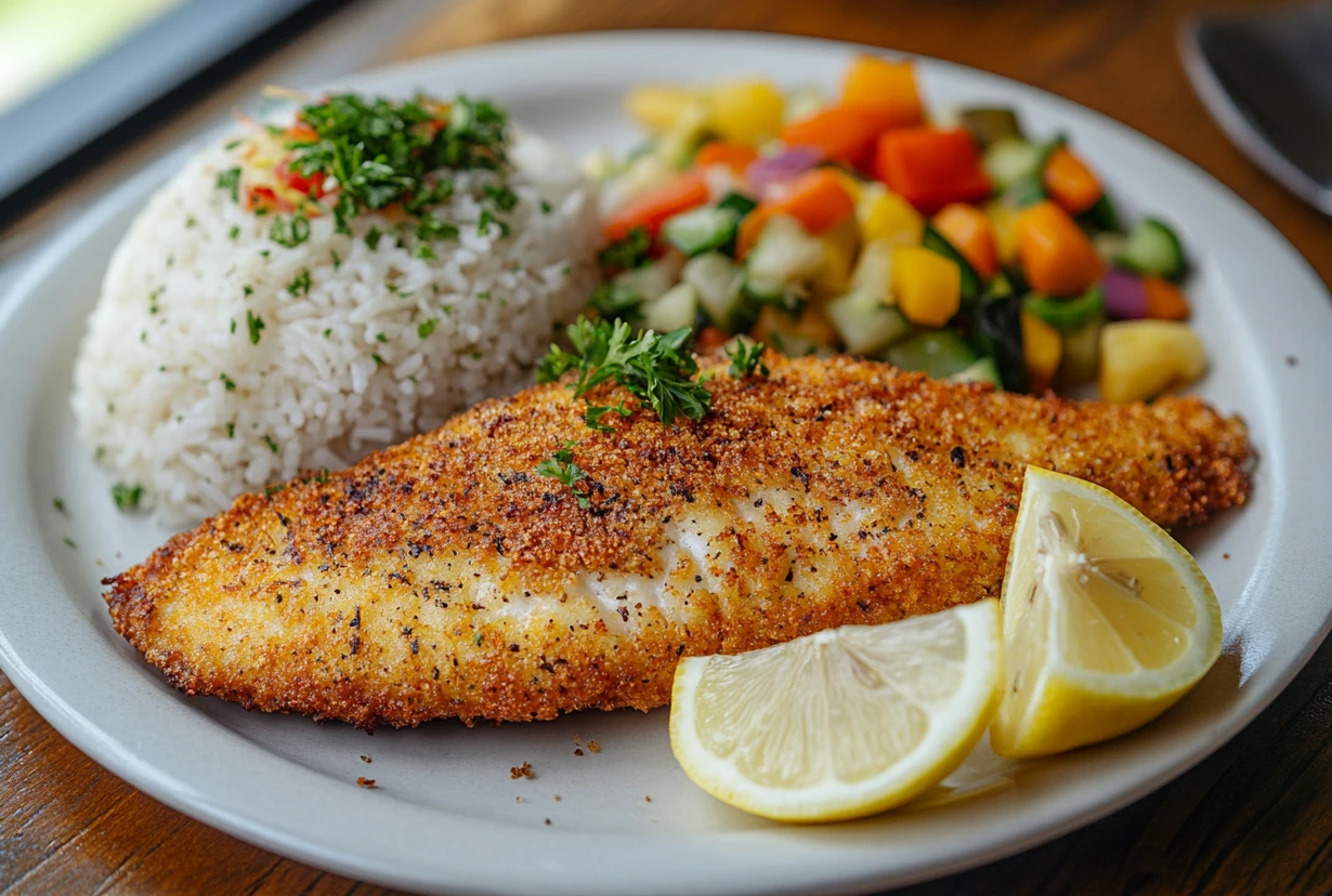 A plate of crispy air-fried tilapia served with white rice, mixed vegetables, and lemon wedges