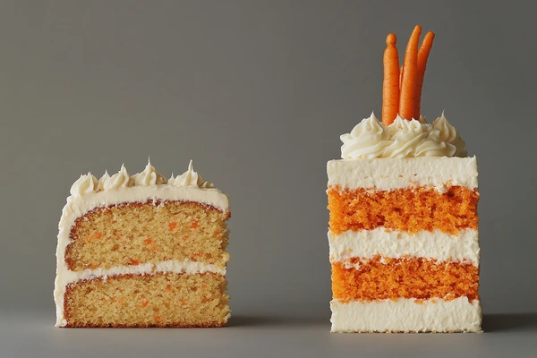 A side-by-side comparison of two cake slices: a butter-based carrot cake with a dense texture and an oil-based carrot cake with vibrant orange layers and a moist crumb, showcasing why butter is not used in carrot cake.