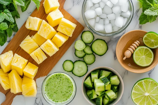 Ingredients for Cucumber and Pineapple Smoothie, including pineapple chunks, cucumber slices, lime, honey, and ice cubes on a marble background.