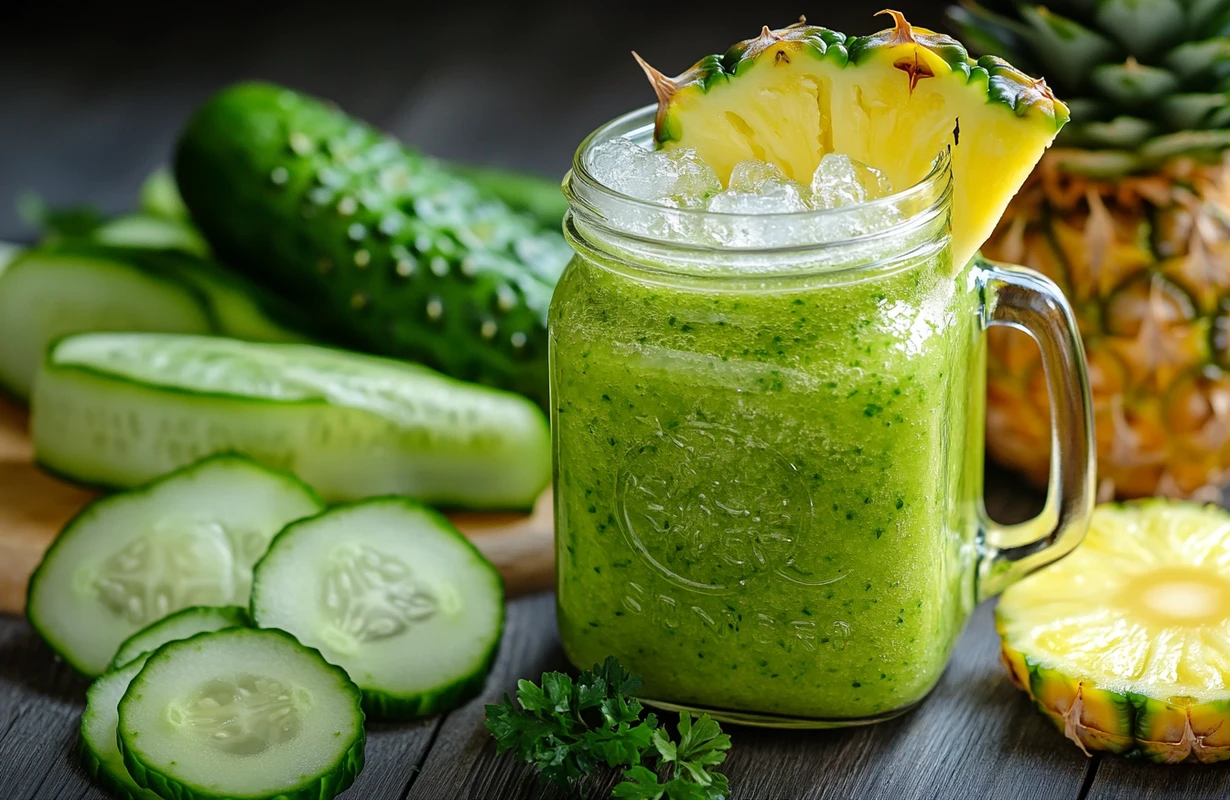 A mason jar filled with Cucumber and Pineapple Smoothie, garnished with pineapple and surrounded by cucumber slices.