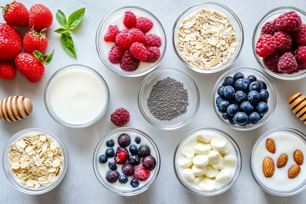 Ingredients for Dannon Light and Fit Protein Smoothie, including berries, oats, yogurt, chia seeds, and milk, arranged in glass bowls.