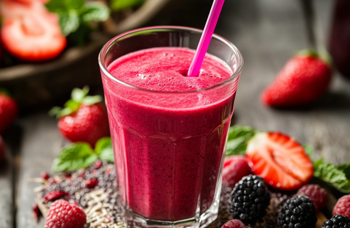 A glass of Dannon Light and Fit Protein Smoothie with a pink straw, surrounded by strawberries, raspberries, and blackberries.