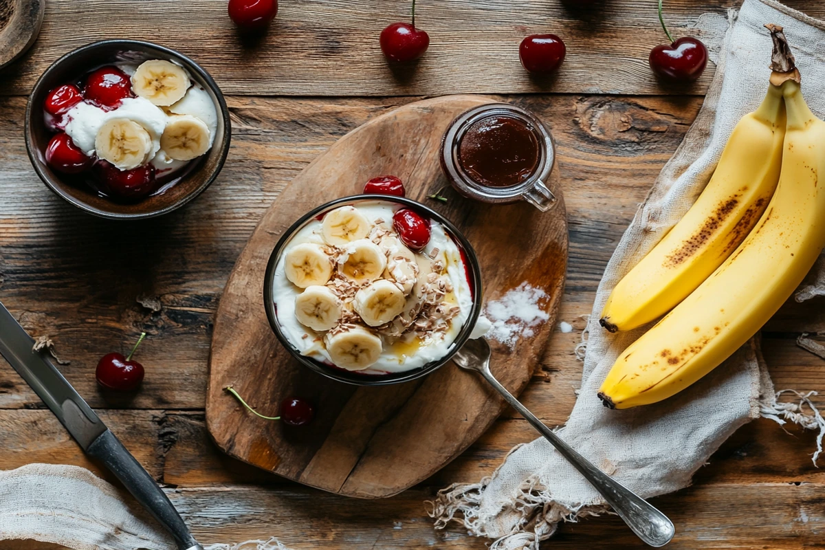 Bowls of banana-based desserts with cherries, unpeeled bananas, and chocolate syrup on a rustic wooden table.