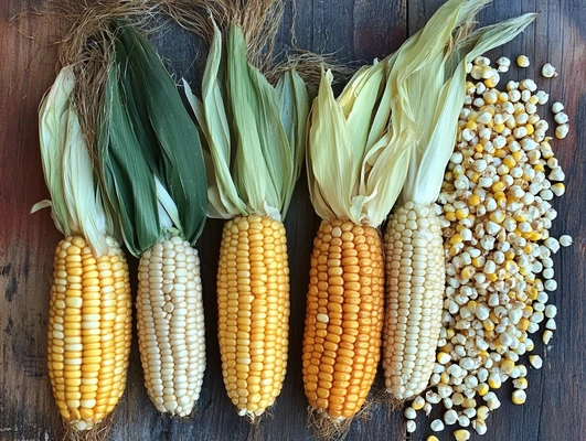 Different types of corn cobs and kernels displayed on a rustic wooden surface.