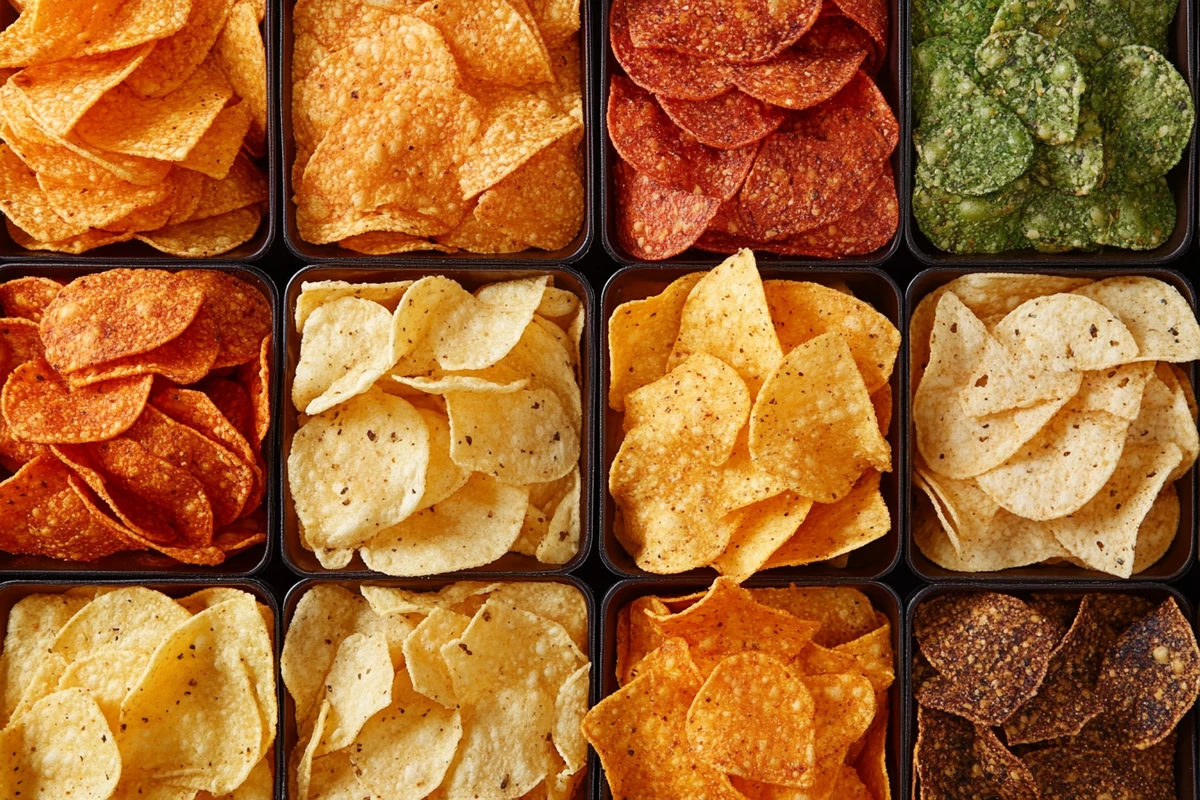 A variety of chips with different colors and seasonings, including spicy red and green options, arranged in square trays.