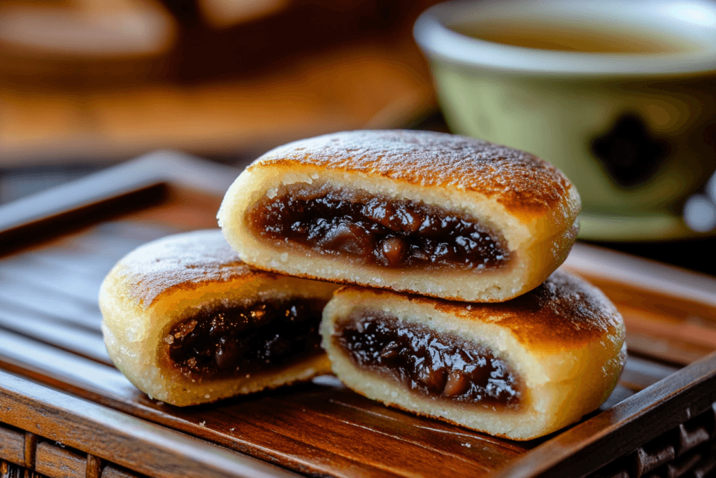 Traditional Japanese dorayaki pancakes filled with sweet red bean paste, served on a wooden tray.