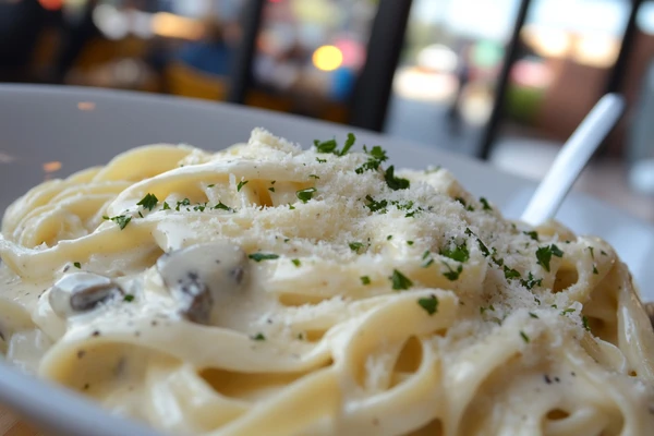 A plate of fettuccine pasta coated in creamy mushroom sauce, garnished with parsley and Parmesan cheese