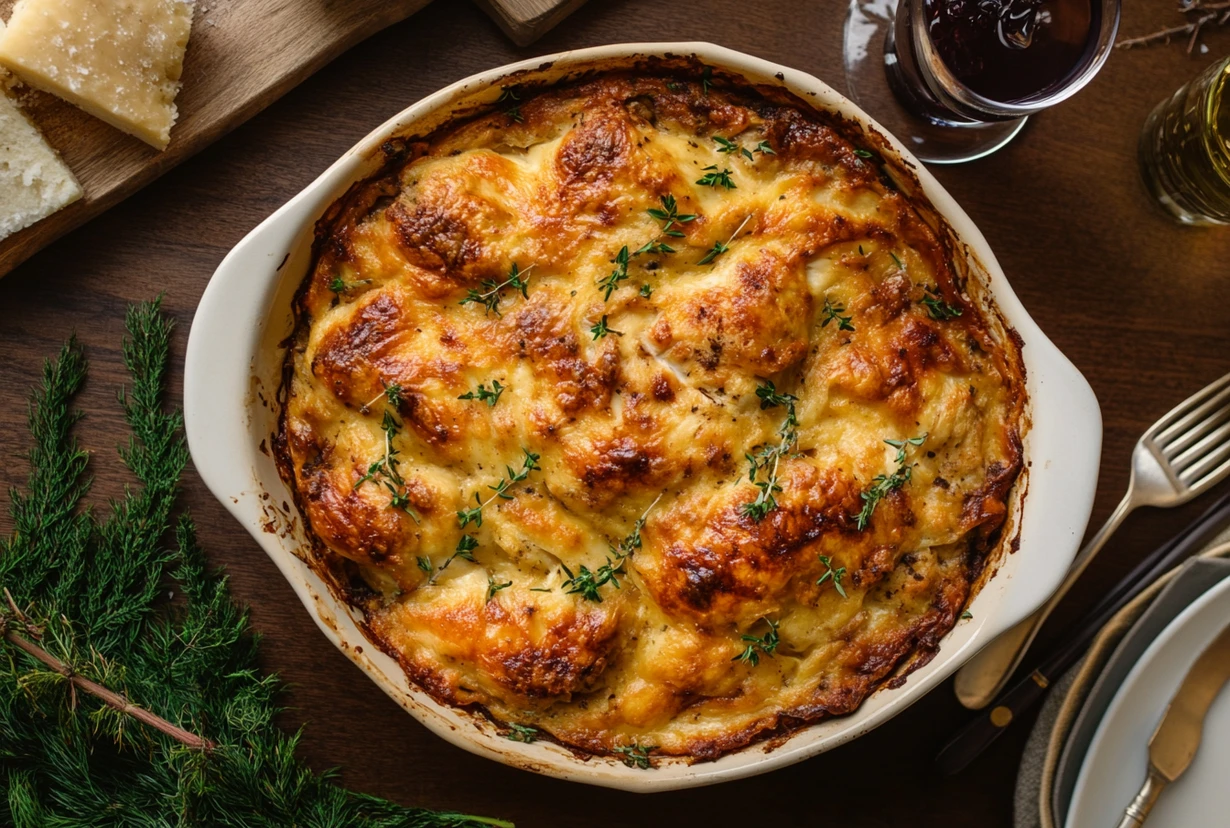 A baked casserole of the Forgotten Chicken Recipe with a golden crust, garnished with fresh thyme, ready to serve.