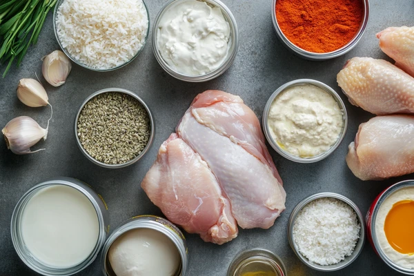 Ingredients for the Forgotten Chicken Recipe, including raw chicken, rice, cream soups, garlic, and seasonings, displayed on a countertop.