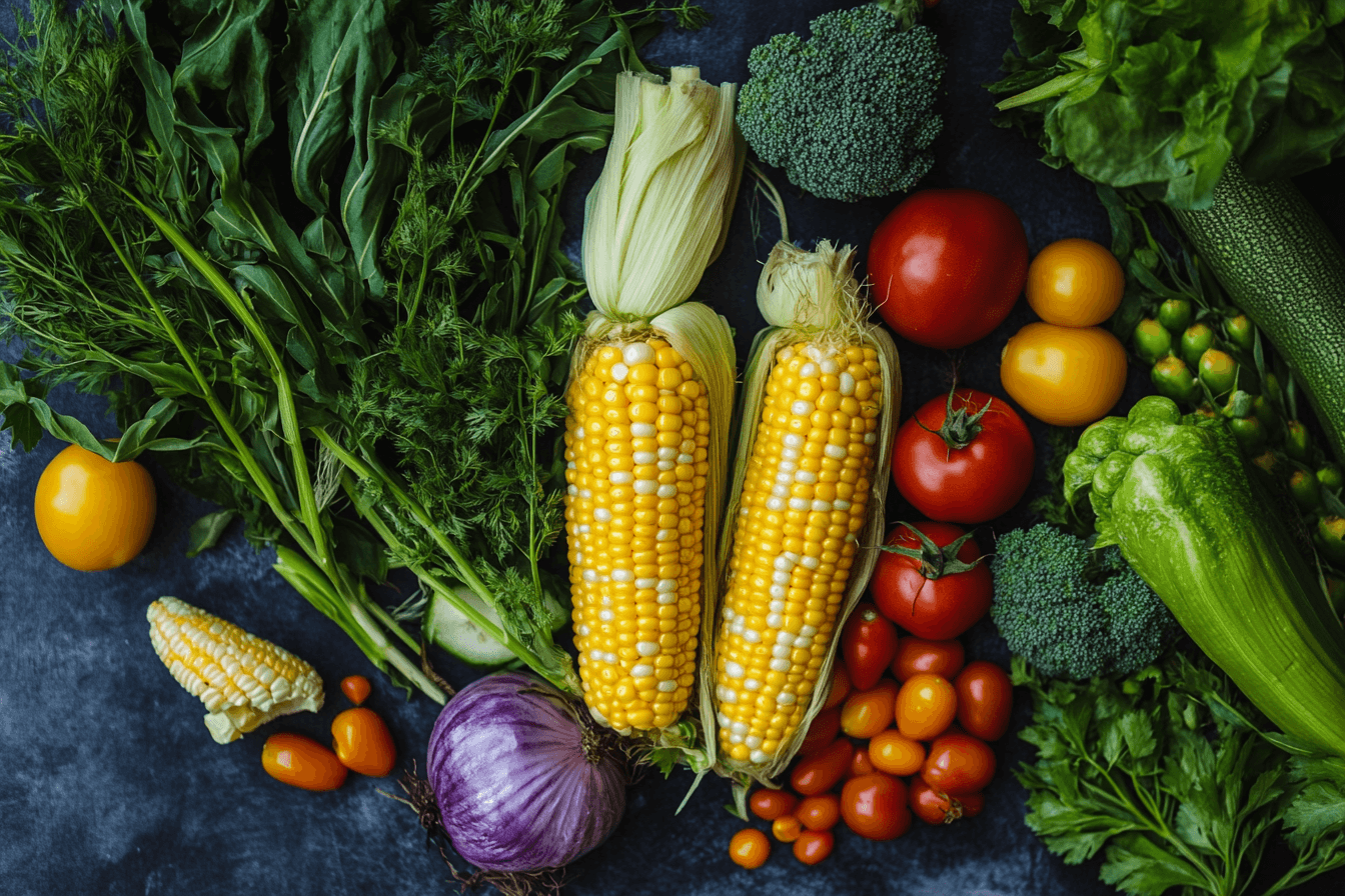 Two ears of corn surrounded by fresh vegetables like tomatoes, broccoli, zucchini, and leafy greens