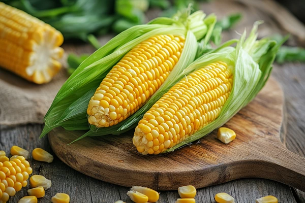 Fresh corn on the cob with green husks and yellow kernels on a wooden cutting board.