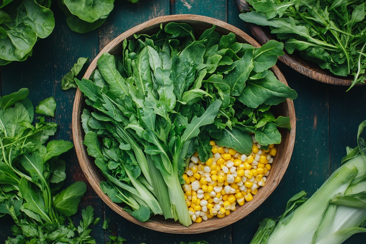 Fresh greens and corn kernels in a wooden bowl, surrounded by leafy greens on a rustic surface.