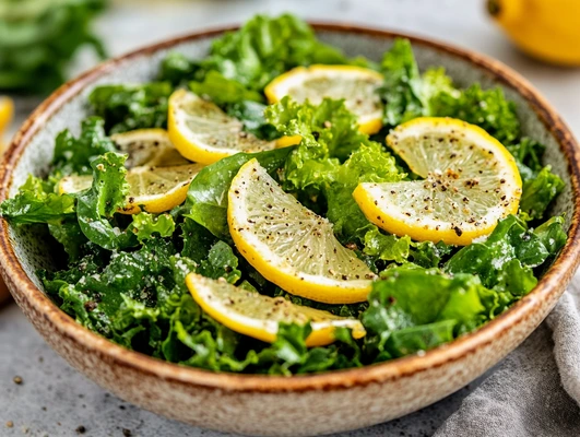 A fresh salad with lemon slices and cracked black pepper seasoning on crisp green leaves.