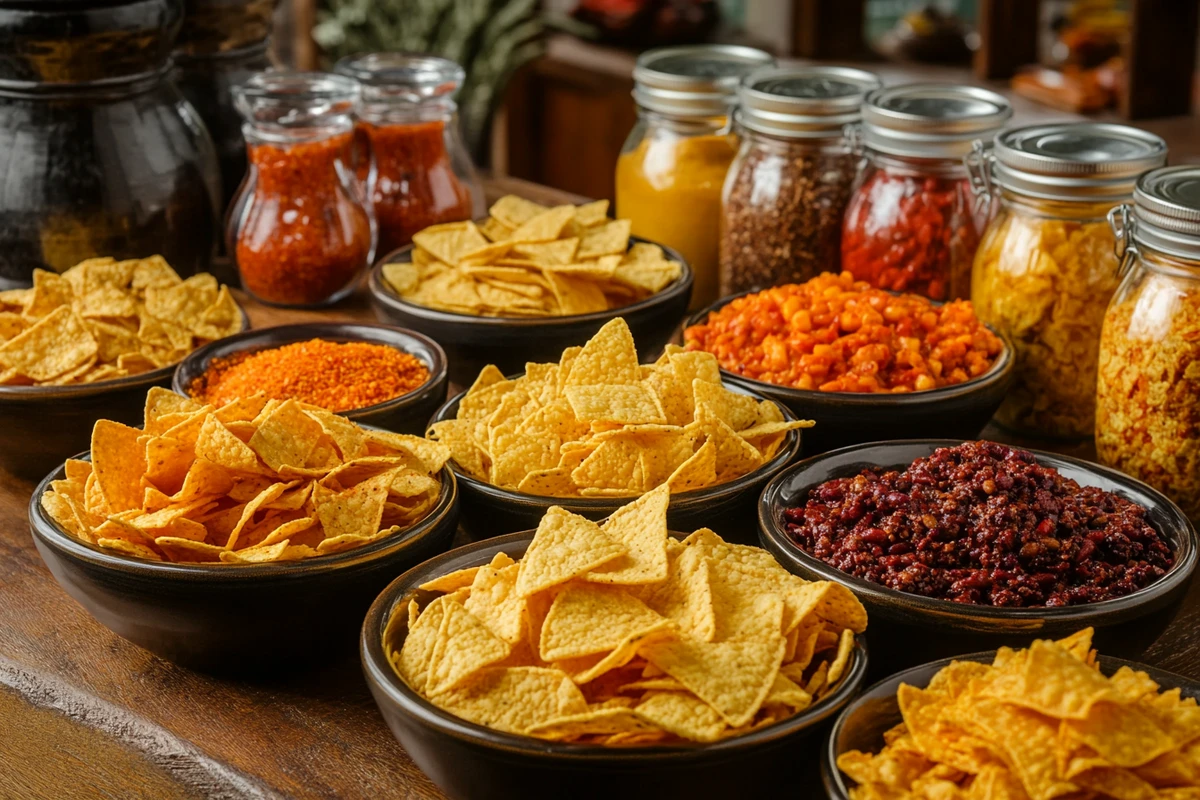 Bowls of Fritos with jars of spices and seasonings like chili powder, paprika, and seasoning blends on a wooden table.