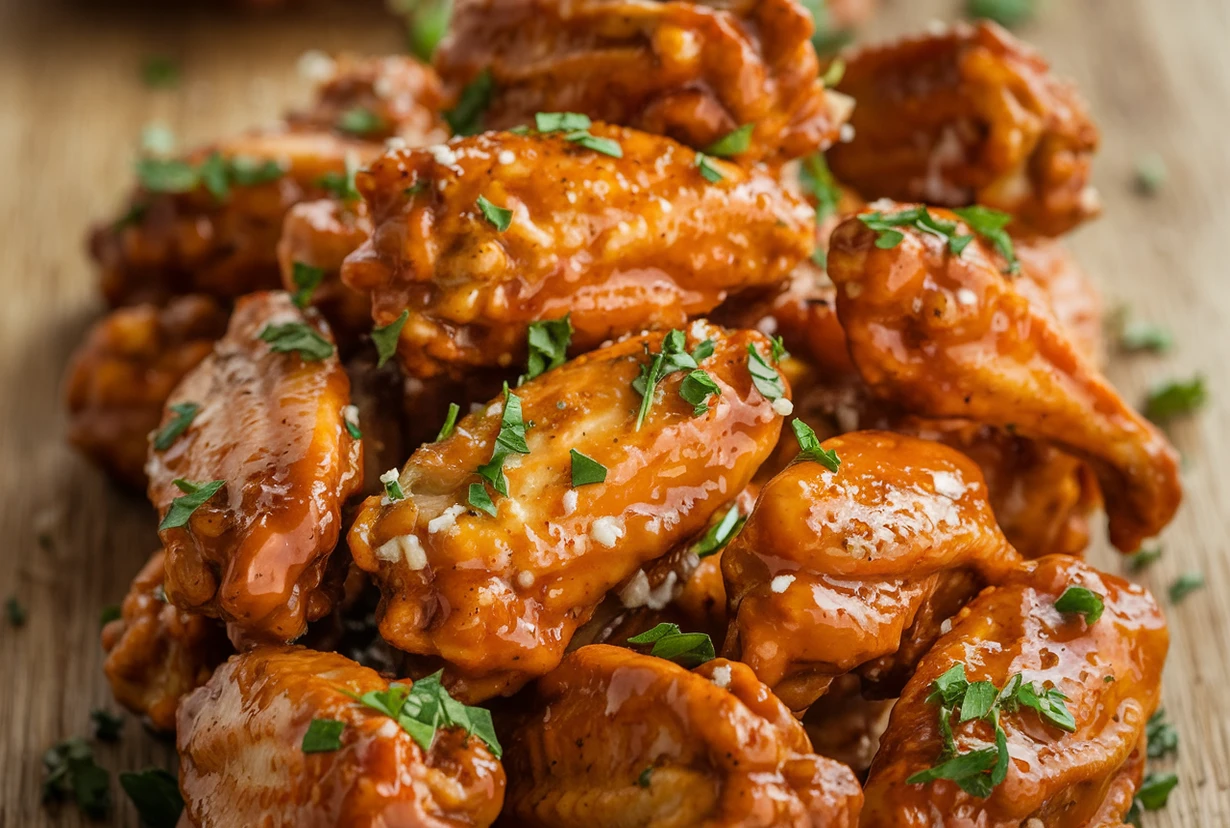 Crispy wings coated in Garlic-Parmesan sauce and garnished with parsley