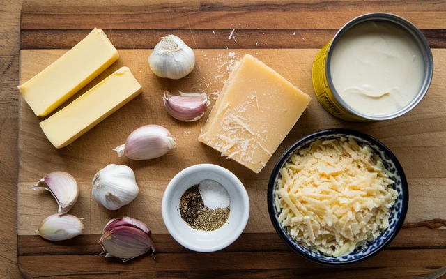 Butter, garlic, Parmesan, and seasonings arranged for making Garlic-Parmesan Wing Sauce.