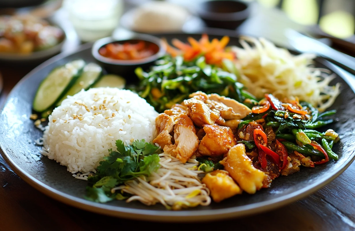 Chicken stir fry served with steamed rice, stir-fried greens, and fresh vegetables, highlighting a good side dish for chicken stir fry