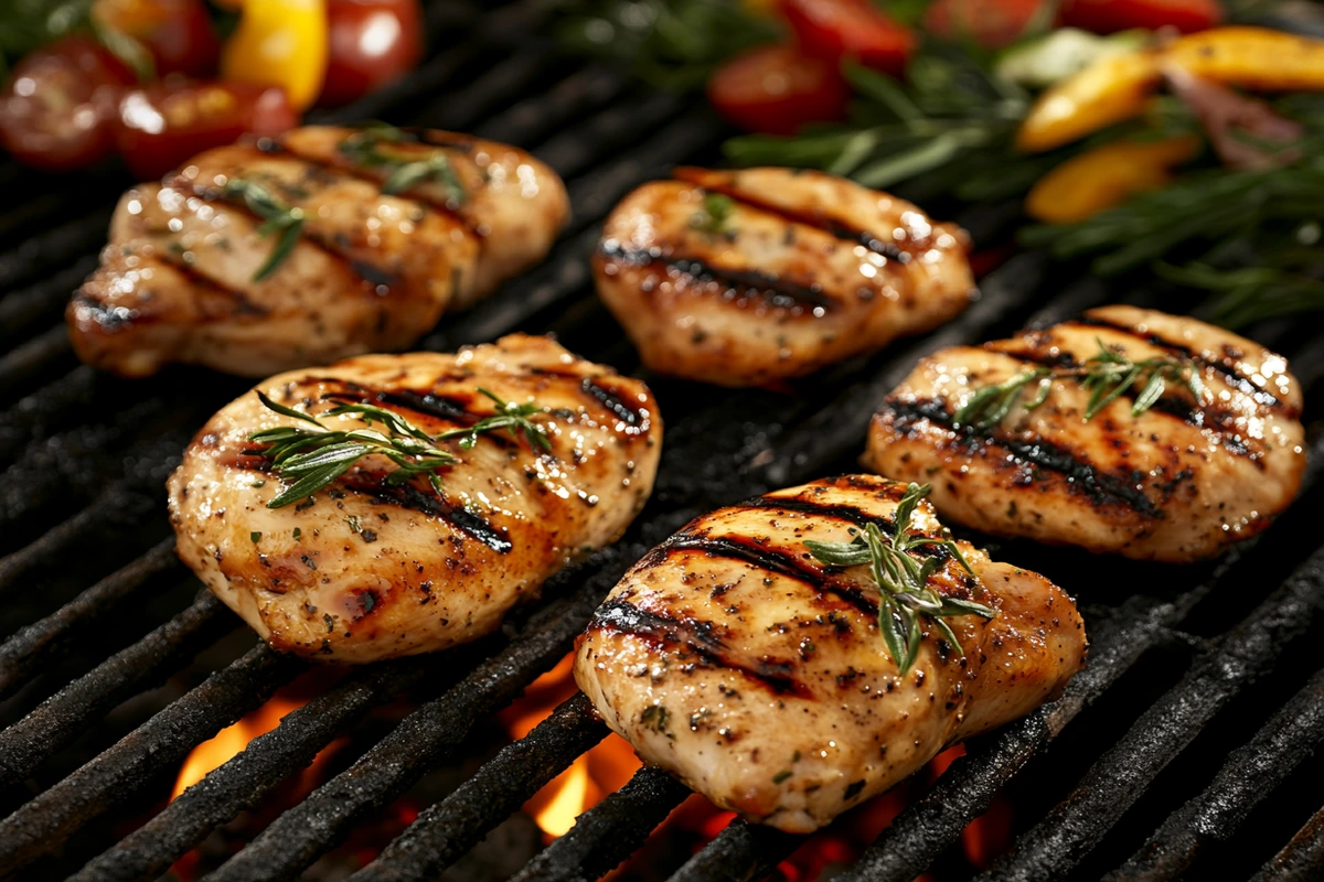 Perfectly grilled chicken breasts with char marks, garnished with rosemary, over an open flame.