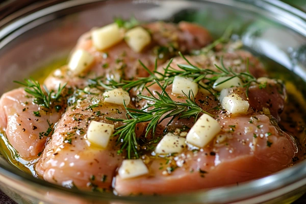 Marinated chicken with garlic and herbs prepared for grilled chicken salad.