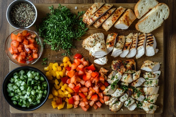 Grilled chicken salad sandwich ingredients with chopped vegetables, grilled chicken, herbs, and bread on a wooden board.