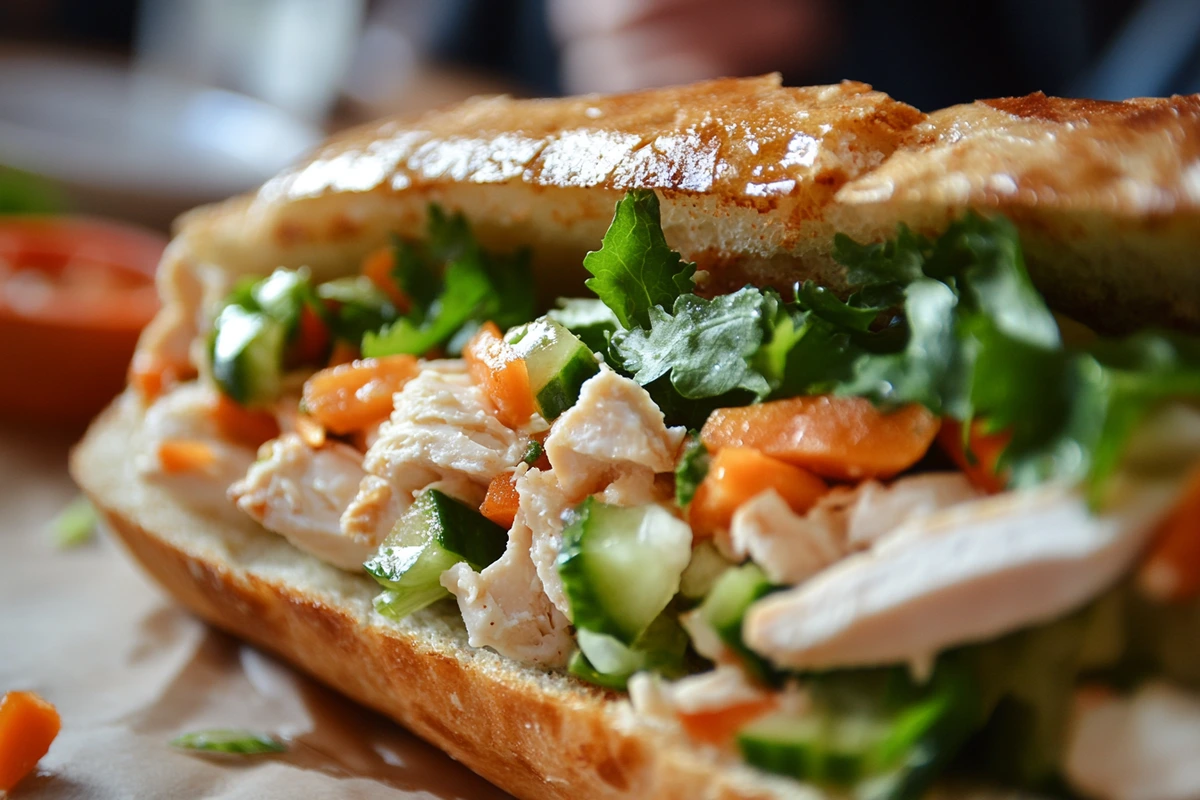 Grilled chicken salad sandwich with fresh vegetables and shredded chicken on toasted bread.