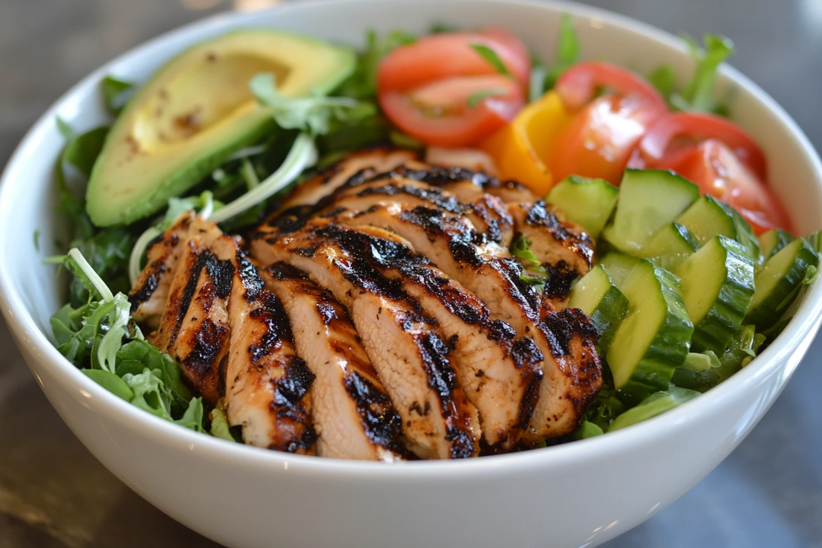 Grilled chicken salad with avocado, cucumbers, tomatoes, and fresh greens in a white bowl.