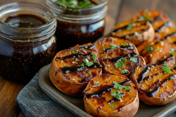 Grilled sweet potato slices drizzled with balsamic glaze, garnished with fresh herbs, and served with jars of glaze.