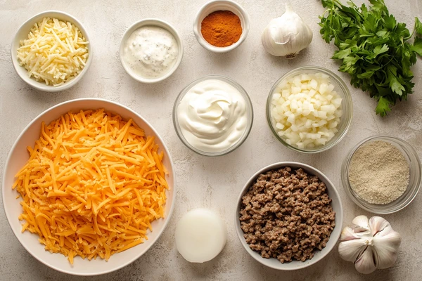 Ingredients for Ground Beef and Hash Brown Casserole, including ground beef, shredded cheese, onions, sour cream, and seasonings.