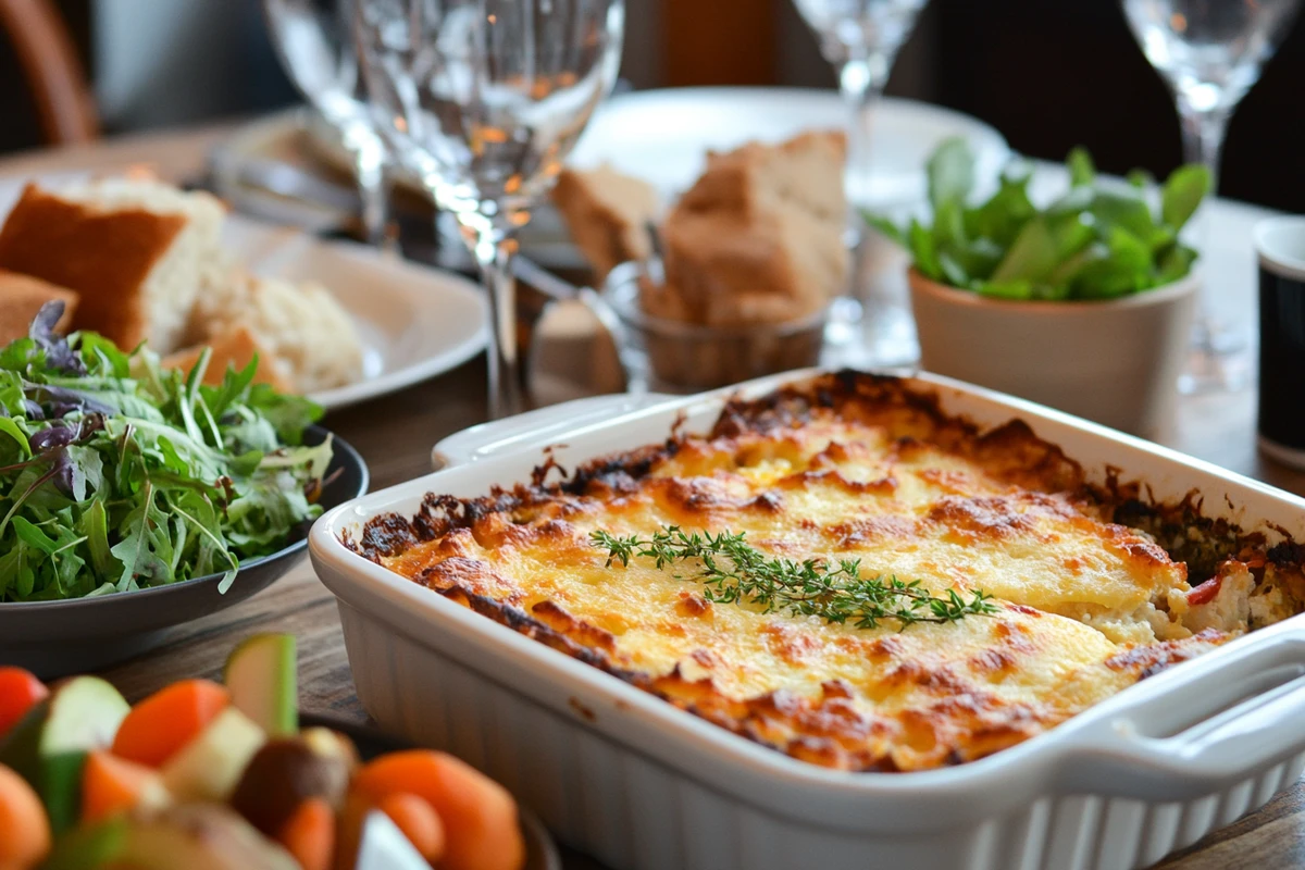 Ground Beef and Hash Brown Casserole with a crispy cheese topping, served on a family dinner table with salad and bread.