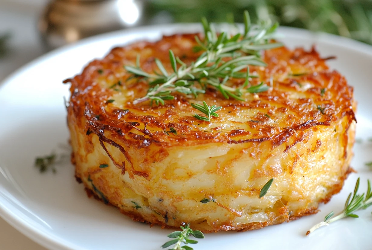 A perfectly crispy hash brown casserole with fresh herbs on a white plate, showcasing the results of thawing frozen hash browns for casserole.