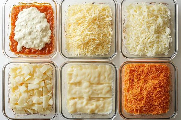 Ingredients for the hashbrown casserole at Cracker Barrel, including shredded potatoes, cheese, and creamy sauce, arranged in glass containers.