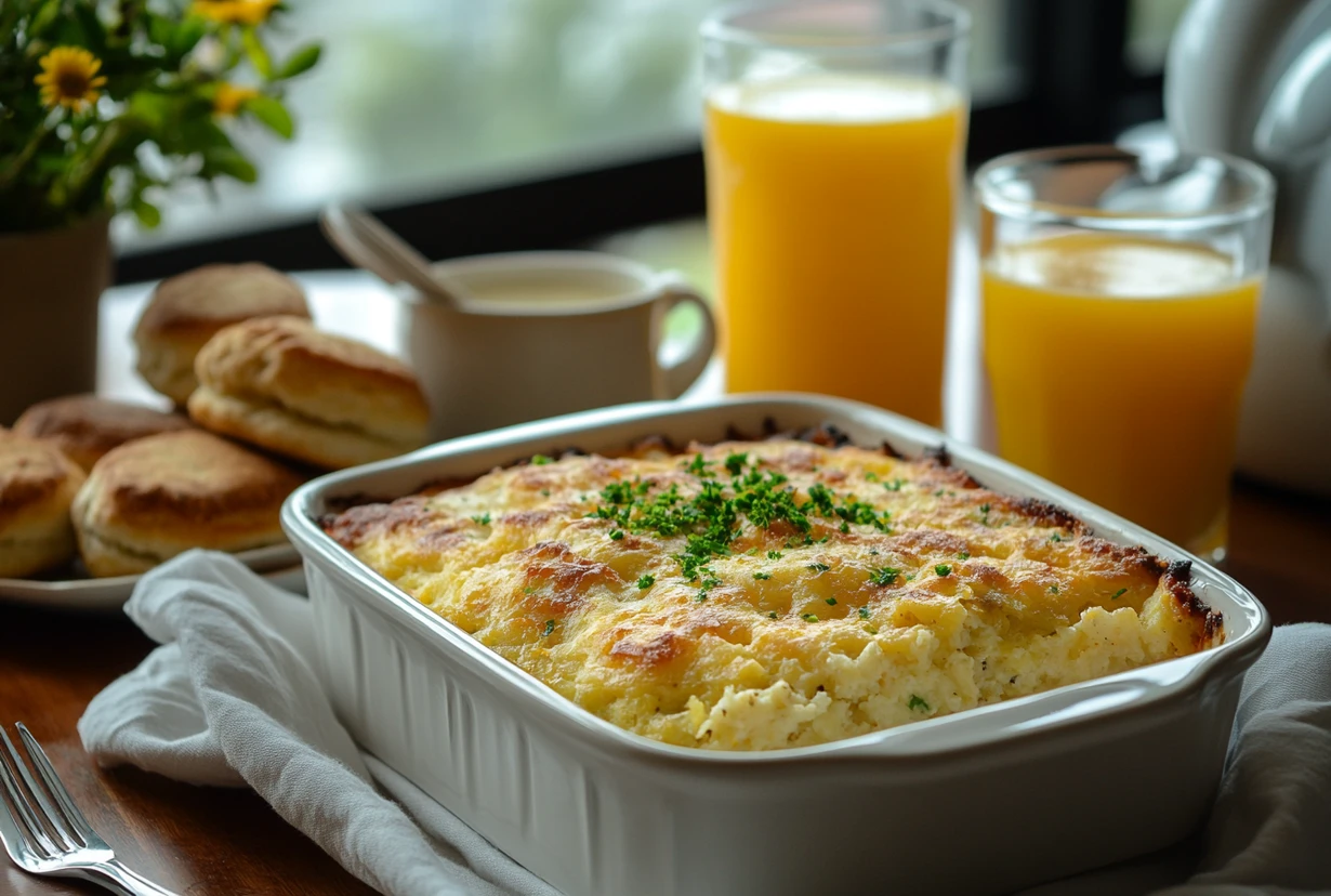 A golden-brown hashbrown casserole at Cracker Barrel served with biscuits, coffee, and orange juice for breakfast.