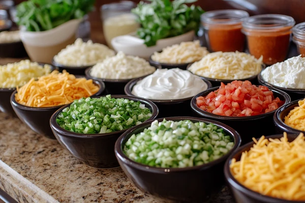 A toppings bar featuring cheese, sour cream, green onions, and tomatoes, showcasing what goes with hashbrown casserole.