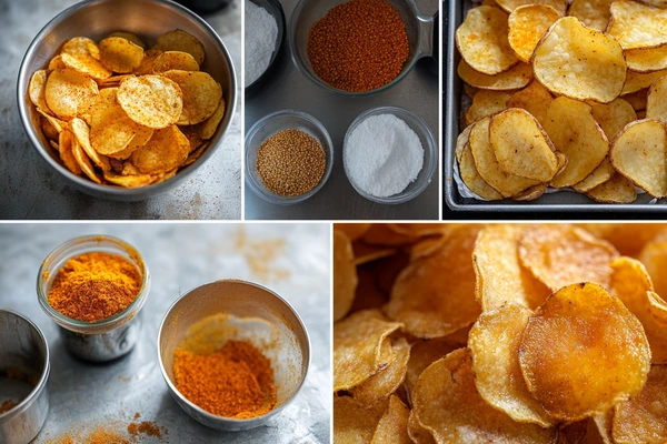 Ingredients and seasoning mix for homemade spicy chips, highlighting the bold flavors and preparation process.