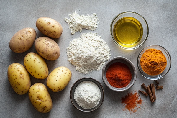 Ingredients for homemade Hot Fritos, including potatoes, flour, chili powder, paprika, and oil on a gray surface.