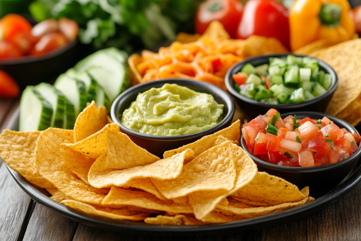 A plate of Hot Fritos with guacamole, tomato salsa, cucumber slices, and fresh vegetables.