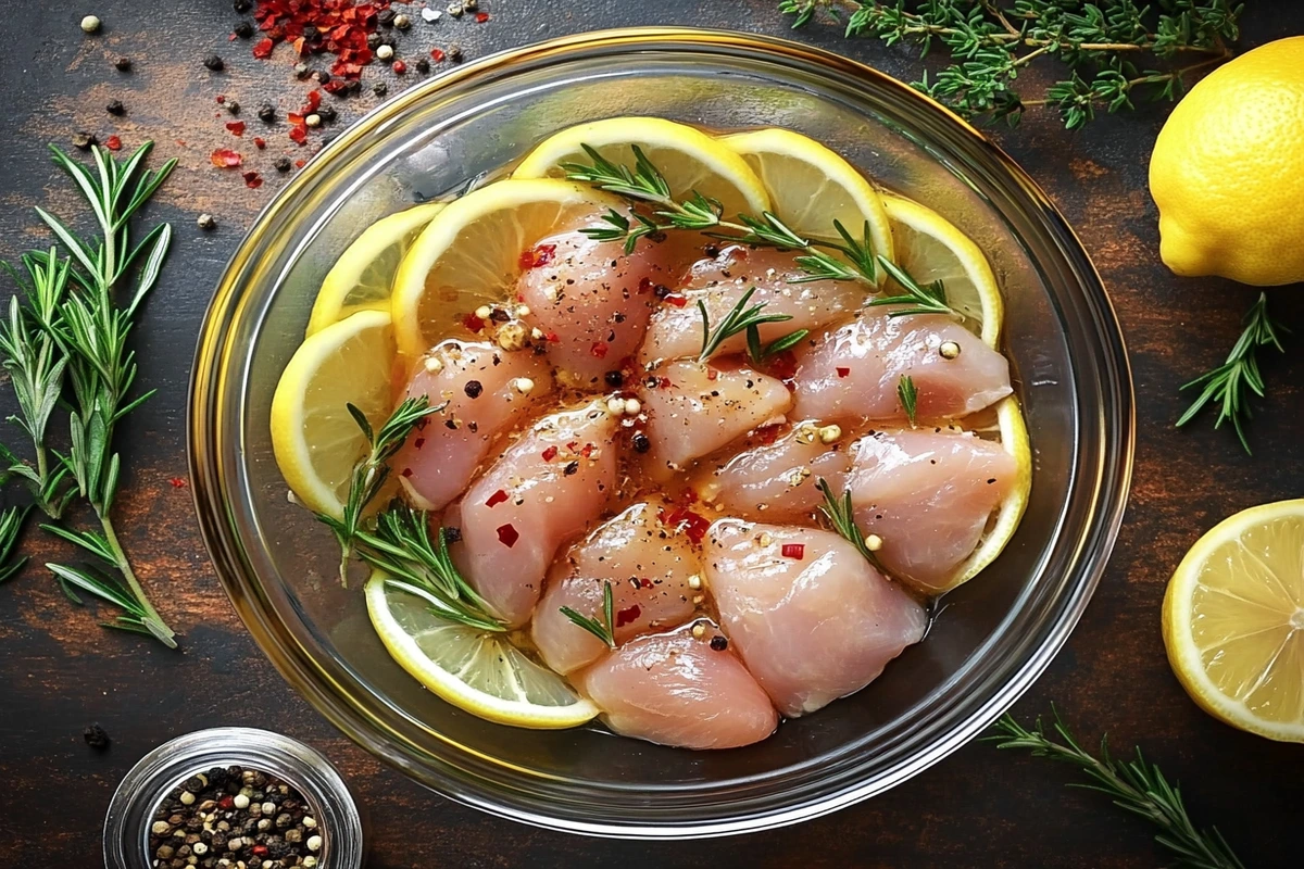 Glass bowl of raw chicken marinating in lemon juice, olive oil, garlic cloves, and fresh rosemary on a wooden countertop.