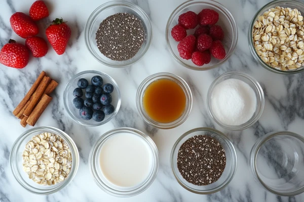 Flat lay of ingredients for overnight oats with flaxseed and chia seeds, including berries, oats, milk, and cinnamon on a marble background.