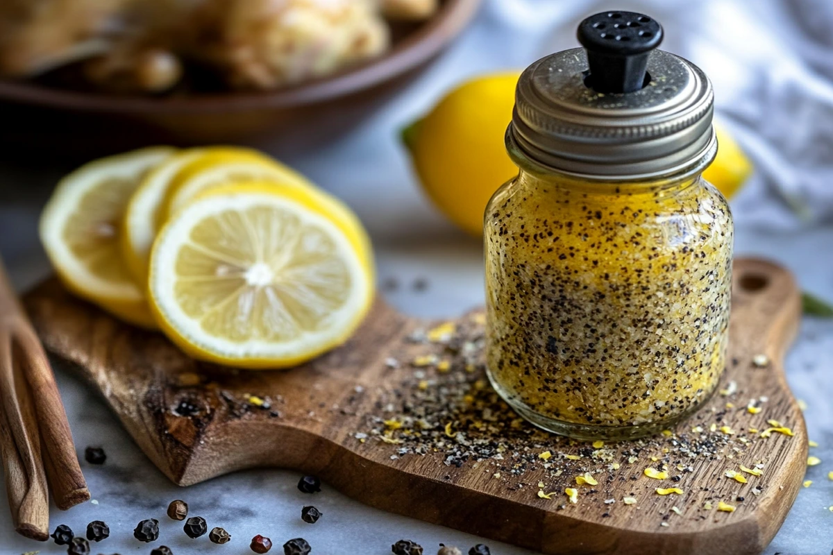 A jar of lemon pepper vs. lemon and pepper seasoning with fresh lemon slices and peppercorns on a wooden board.