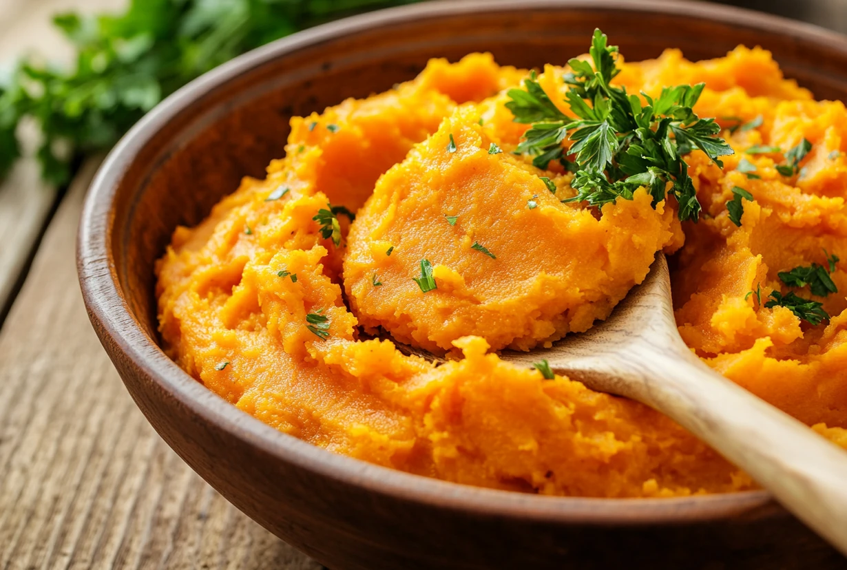 A bowl of creamy mashed sweet potatoes garnished with parsley