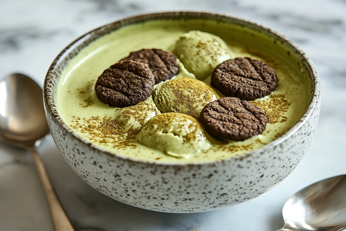 A bowl of matcha cookies and cream ice cream topped with chocolate cookies and dusted with matcha powder.