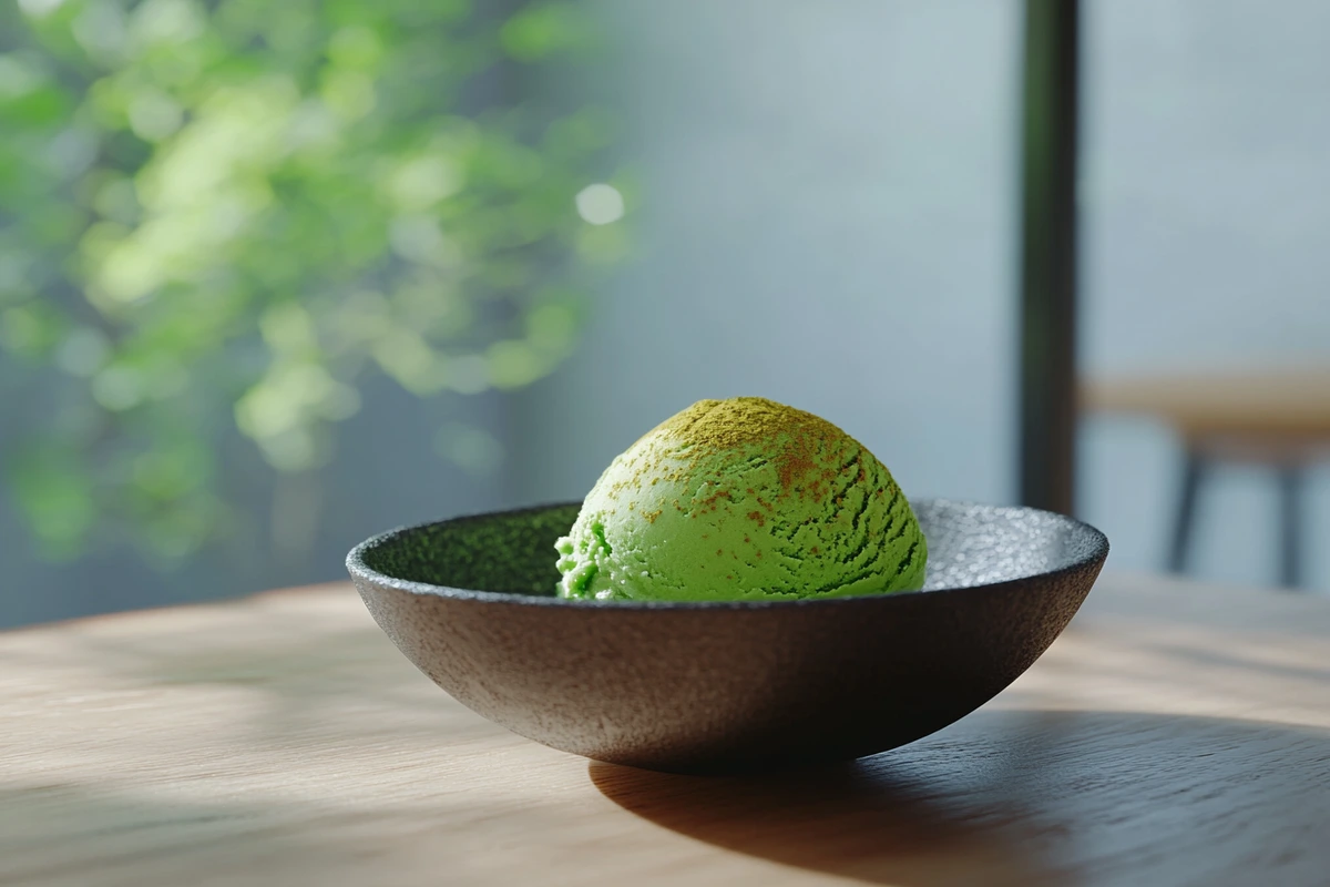 Matcha ice cream in a black bowl with matcha powder on top.